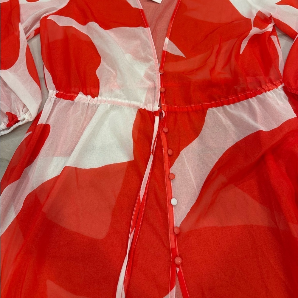 Milly Cabana Cover Up Dress Size M/L Red White Long Sleeve Sheer NWT - Picture 6 of 14